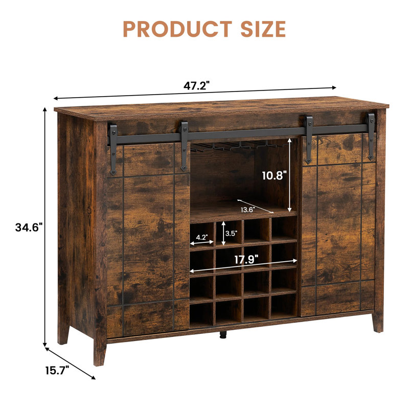 Farmhouse Wine Bar Cabinet,47" Coffee Bar Cabinet With Sliding Barn Door, Buffet Sideboard Cabinet With 16 Bottle Wine Rack For Dining, Living Room
