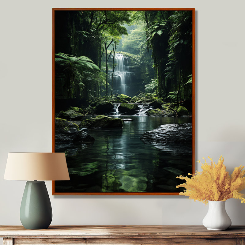 Waterfall Hidden Oasis Forest II, reproduction d'art sur toile, H 40 po x l 30 po x P 1,5 po, Cadre flottant brun