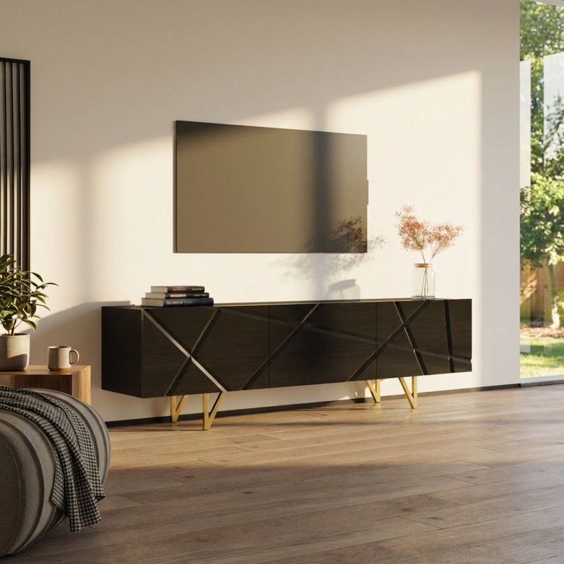 Watchet 70.9" Modern TV Stand with High Gloss Finish, Black