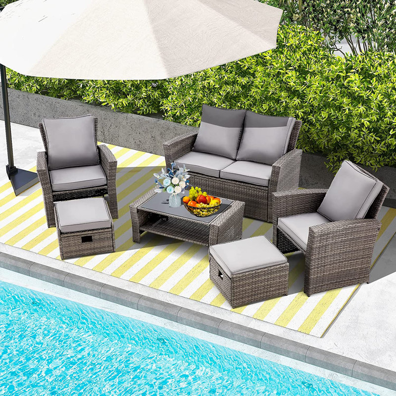 7 - Person Patio Conversation Set with Cushions, Khaki/Brown