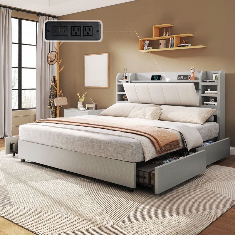 Revan Ebern Bookcase Bed Frame with 4 Storage Drawers & Hidden Storage Headboard, Queen, Light Gray