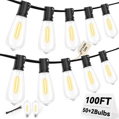 100Ft Led Outdoor String Lights With 50+2 Bulbs, E17 Socket Connectable Patio Lights, 0.6W 2700K Warm White For Garden, Backyard, Bistro, Deck, Gazebo And Party Decor