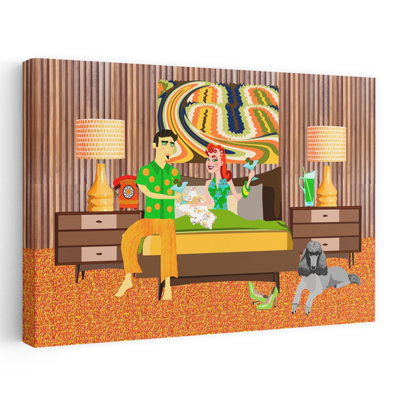 Retro Couple'S Sweet Escape Colorful Modern Retro Dog Architecture Wall Art Print