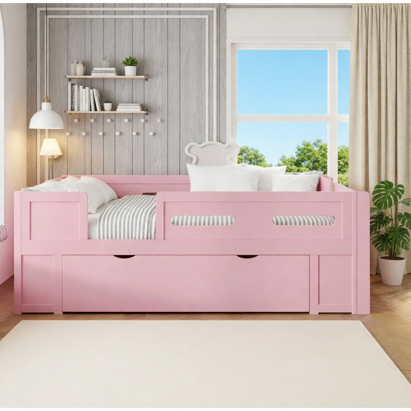 Lit plateforme en bois avec garde-corps et tiroir, Lit double, Rose