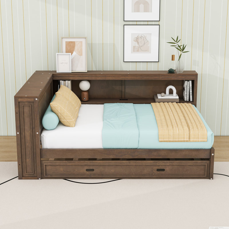 Full Size Wood Daybed with Twin Trundle, LED Lighting and Built-In Charging Station, Antique Wood Color