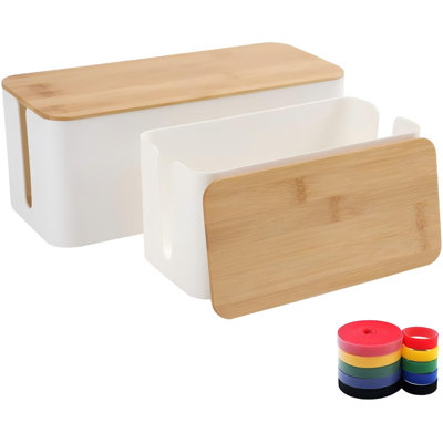 Cable Management Box Organizer, Set Of 2 Bamboo Lid Large Storage Wire Holder To Conceal Hide Surge Protector, Power Strips Cord On Desk Floor, With 5 Cables Tape For Home Office Computer TV USB Hub