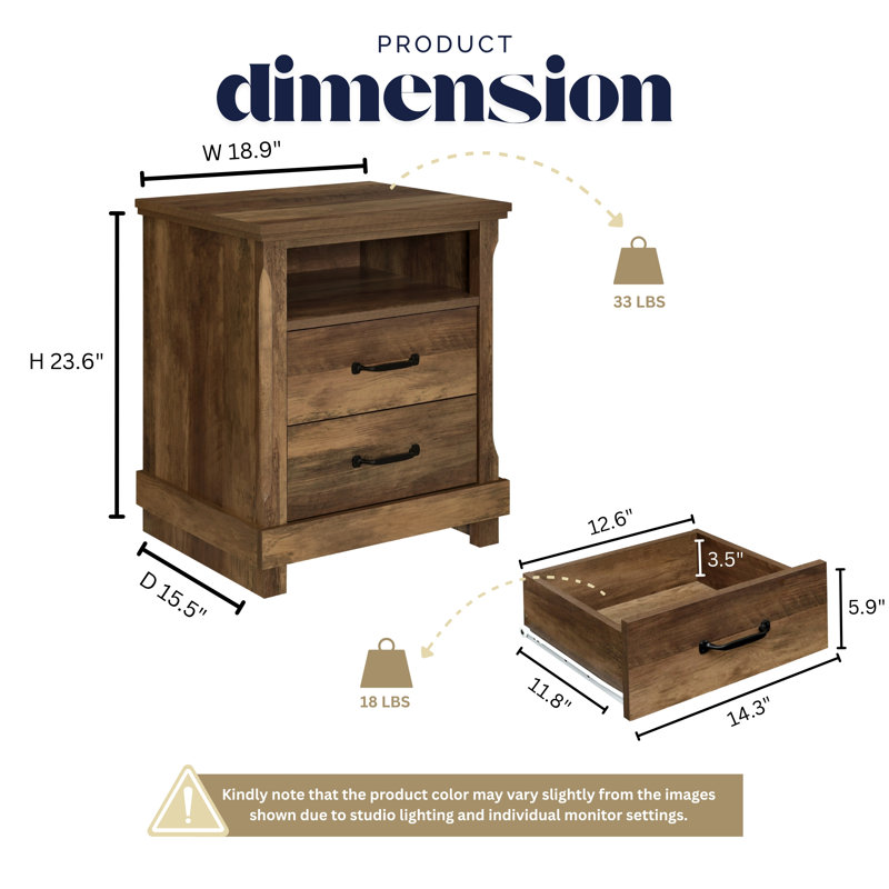  Carson 2 Drawer Nightstand, Bedside Table with Storage Drawers, Night Stand for Bedroom, End Table or Side Table for Living Room, 15.5" D x 18.9" W x 23.6" H