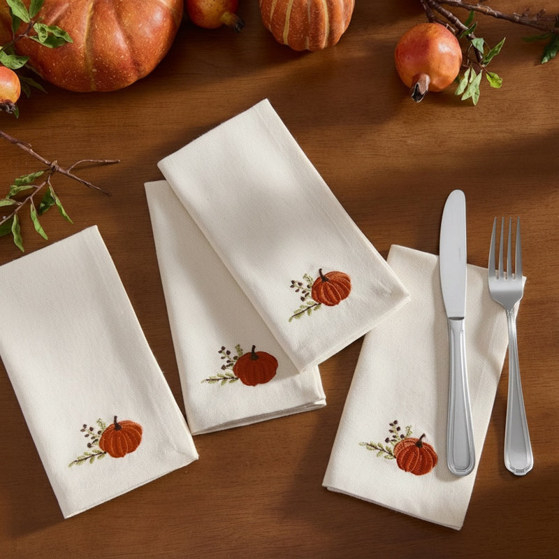 Serviettes de table Lenox Harvest Pumpkins brodées, ensemble de 4, couleur naturelle - 43 cm x 43 cm