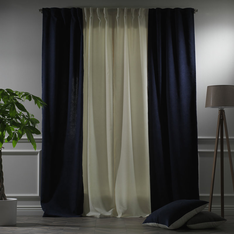 Decorative Window Curtain Each Panel 27'' Wide, 27" W x 95" L, Cream/Royal Blue
