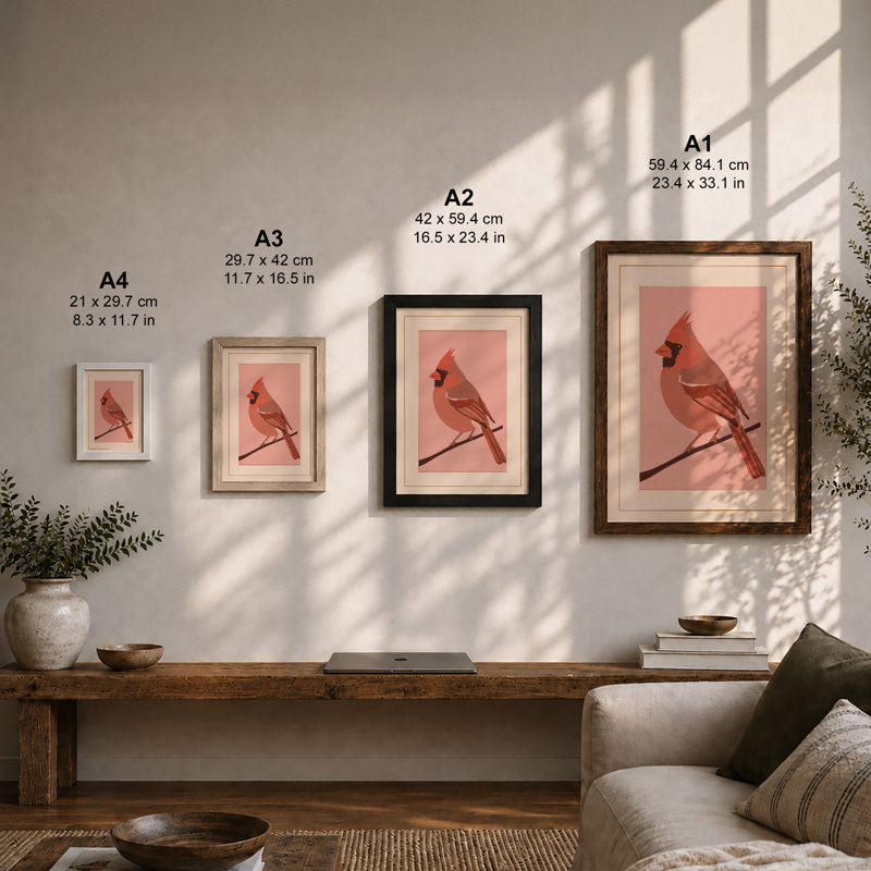Cardinal on Branch Minimalist - Framed Print, Black, A3 - 42.0 x 29.7 cm