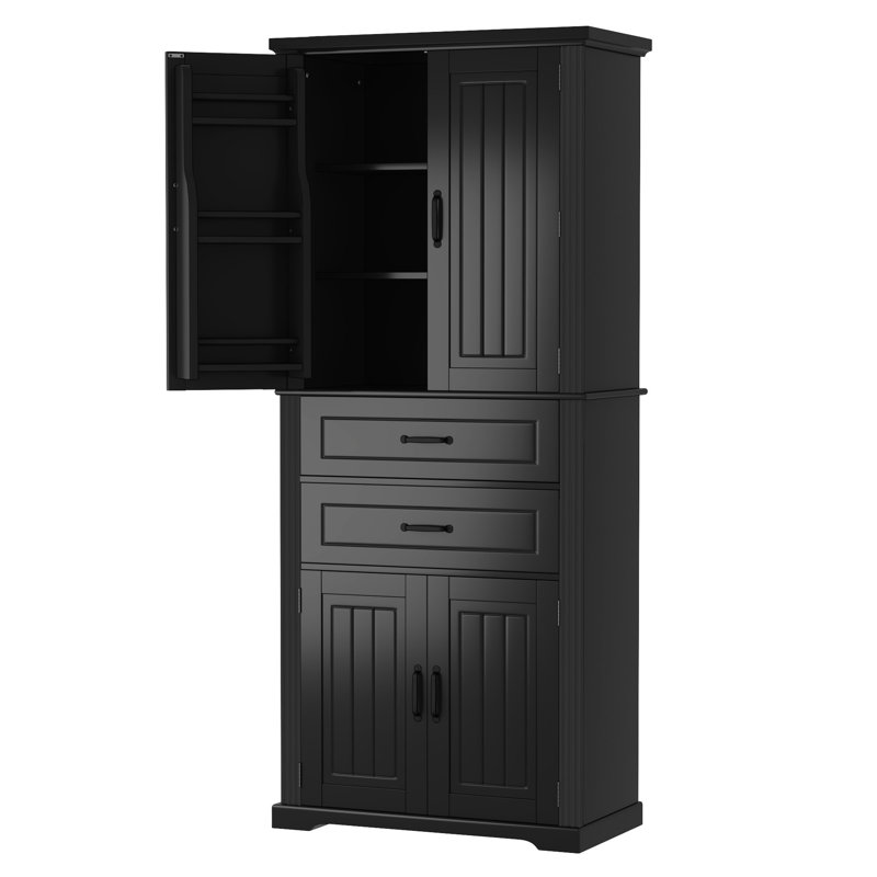 Armoire de rangement noire de 72,5 pouces idéale pour la cuisine, la salle à manger et la salle de bain. Tablette réglable, 2 tiroirs, charnières. Assemblage simple dans plusieurs pièces. Tableaux. Bordure élégante au design élégant