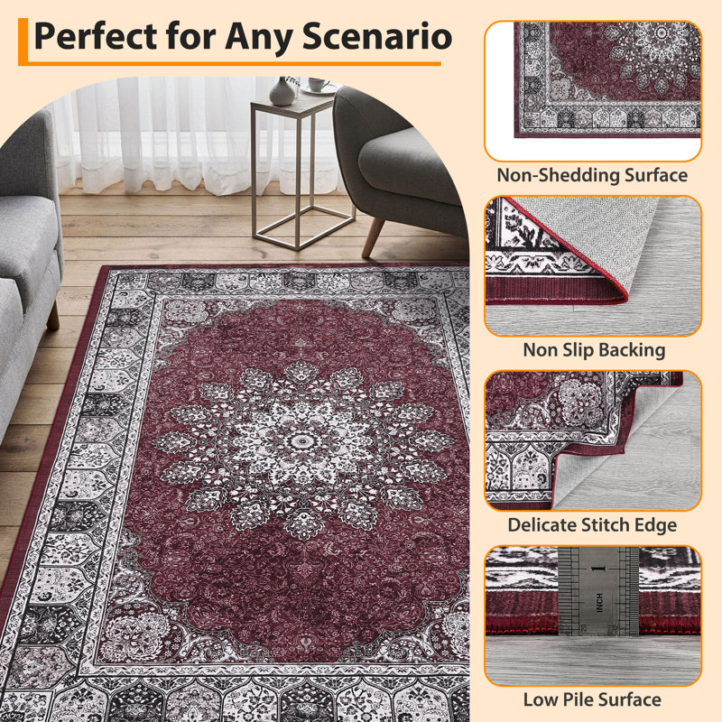 5'x7' Washable Vintage Floral Area Rug, Non-Slip Distressed Indoor Carpet for Living Room Bedroom, Rust Red, Red