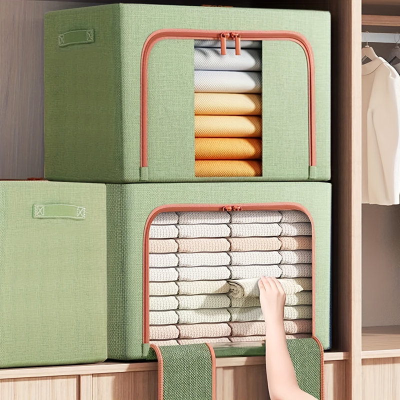 Ensemble de 2 boîtes de rangement à cadre en acier, boîte de rangement en tissu pour boîte de rangement pour courtepointe, très grand sac de rangement en tissu pour garde-robe avec fenêtre transparente, fermetures à glissière robustes (très grand - 100 L)