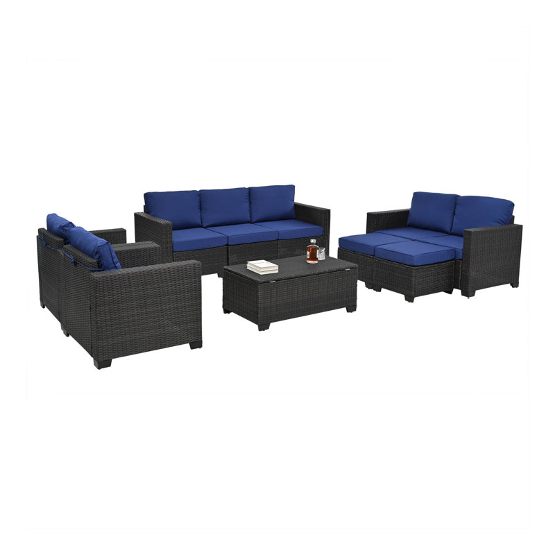 Ensemble de mobilier de patio en rotin 10 pièces, ensemble de canapé modulaire, ensemble de mobilier d'extérieur avec coussins et table basse en verre trempé