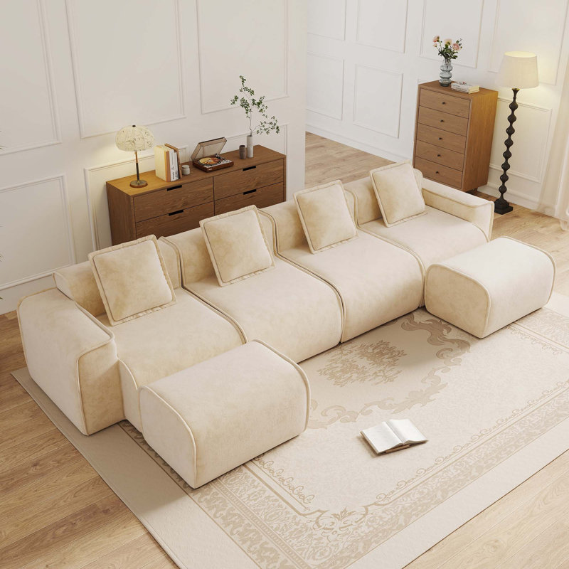 Canapé modulaire en velours 4 places avec coussins décoratifs et 2 repose-pieds, Light Camel Velvet