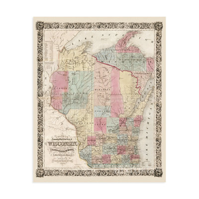" Vintage 1851 Wisconsin Map Poster "