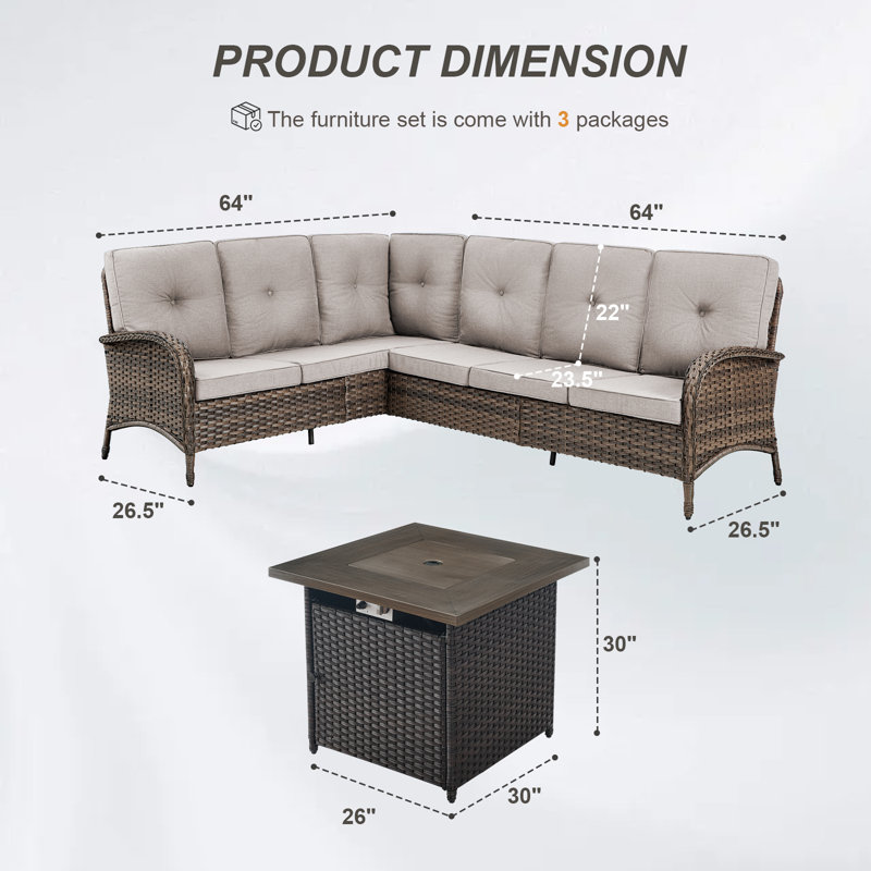 Valierius L-Shaped Outdoor Sectional Sofa Set With Propane Fire Pit Table, Beige