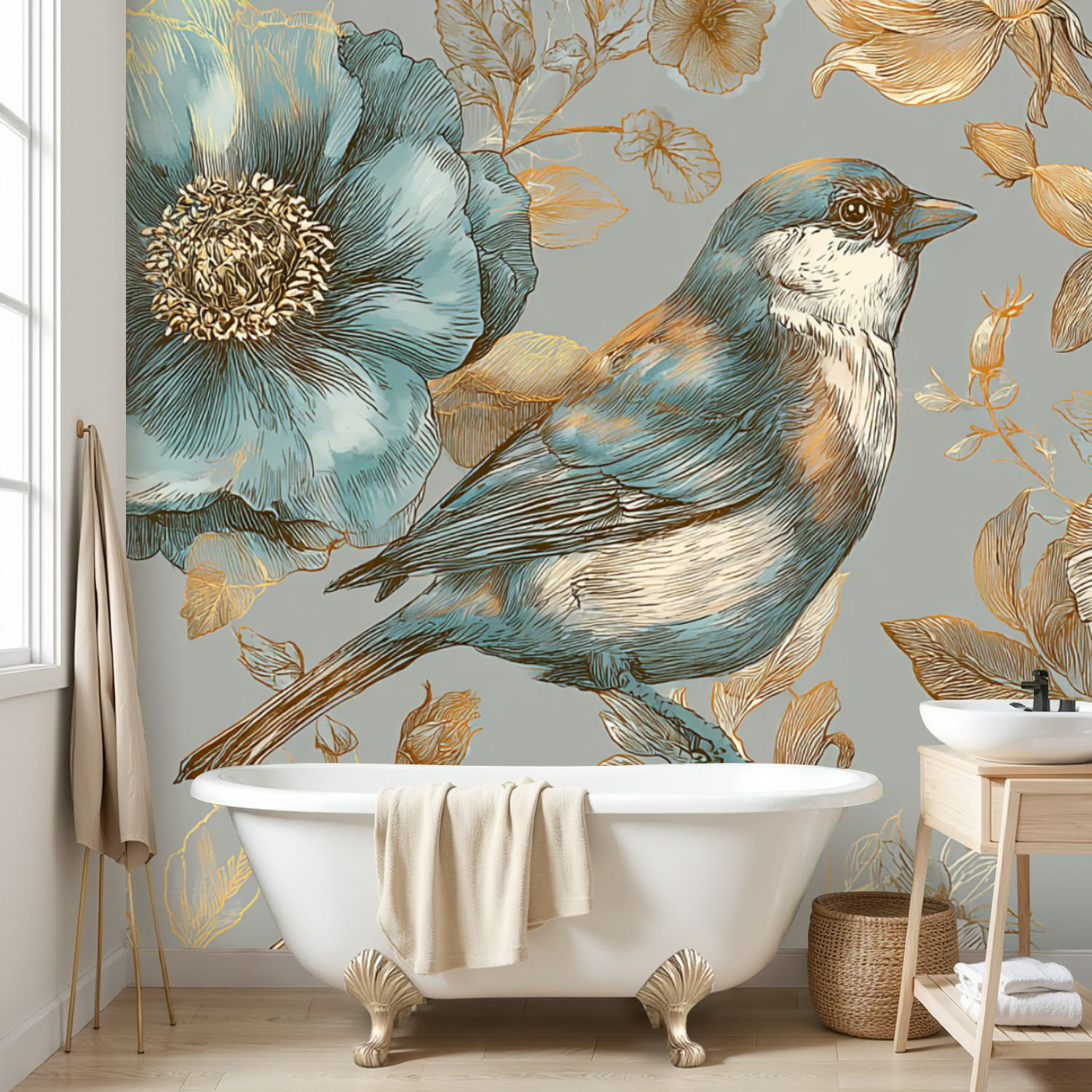 Latitude Run® Wall Mural Peel and Stick Wallpaper Bird Floral Gold ...