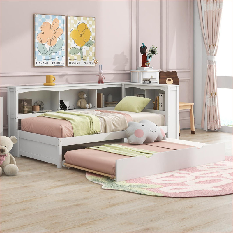 Lit de jour simple en bois massif avec lit gigogne, armoires de rangement et ports USB pour petit espace