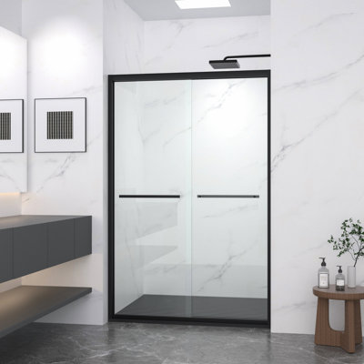 44 - 48" Adjustable Double Sliding Glass Shower Enclosure With Tempered Glass, Aluminum Frame, Handle As Towel Rail, Waterproof Design For Bathroom Width & Black Hardware, In
