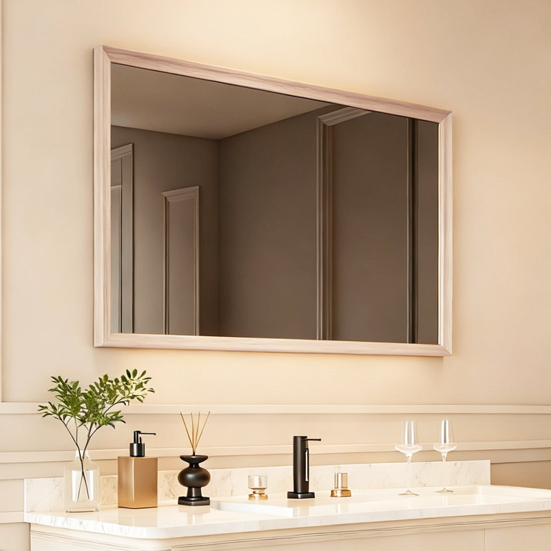 Miroir mural rectangulaire 30 po x 48 po avec cadre effet bois de chêne pour salle de bain, entrée