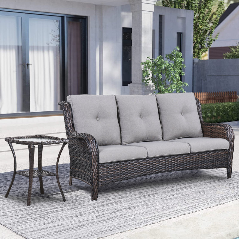 Schutt 75'' Wide Outdoor Patio Sofa with Cushions and Side Table, Gray, Brown