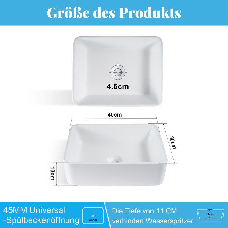 Belfry Bathroom 40mm L x 30mm W White Ceramic Rectangular Sink with Overflow