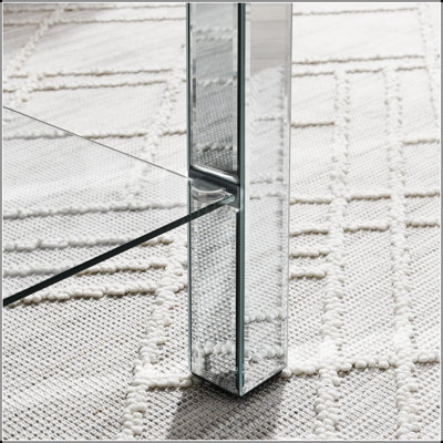 Curved Border Carved Mirror Coffee Table with Sparkling Diamond Edge and Crystal Legs for Modern Home Sofa Decor