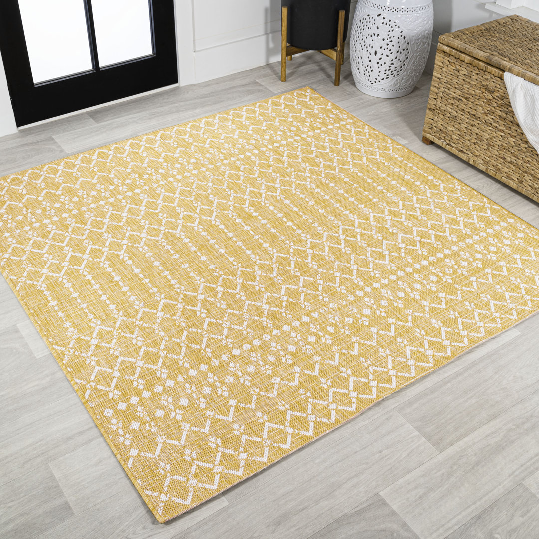 Krystina Moroccan Geometric Textured Weave Yellow/Cream Indoor/Outdoor Rug Dakota Fields Rug 