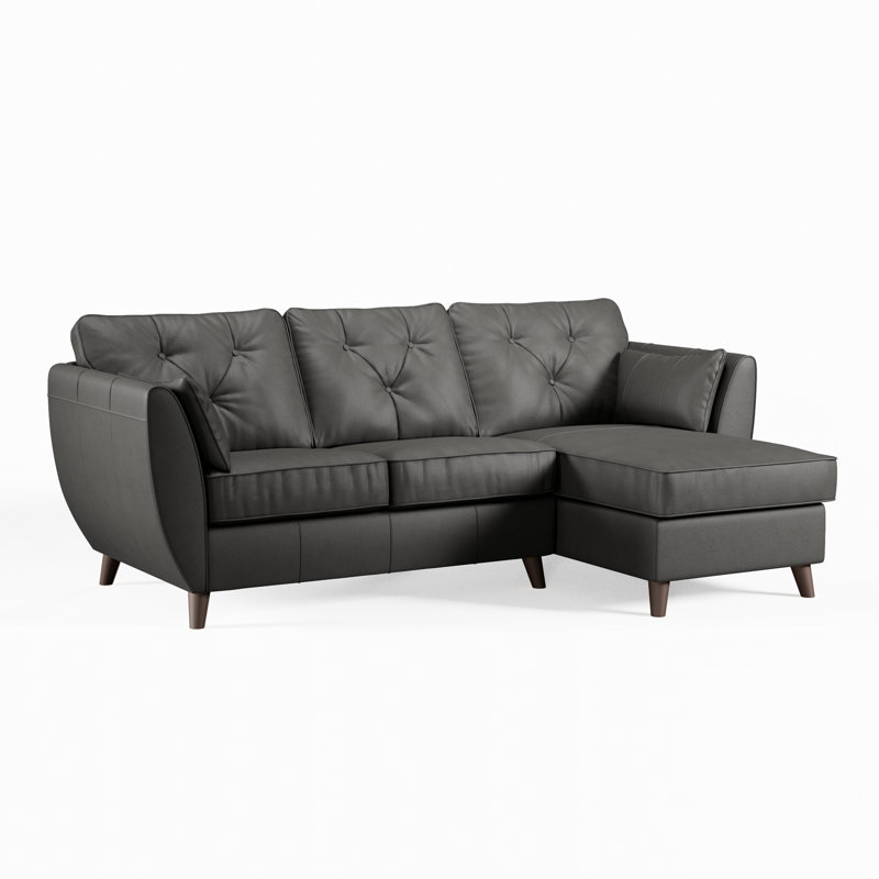 Hoxton 3 Seater Leather Maxi Sofa Chaise, Raven, Right Hand Facing, Dark Wood