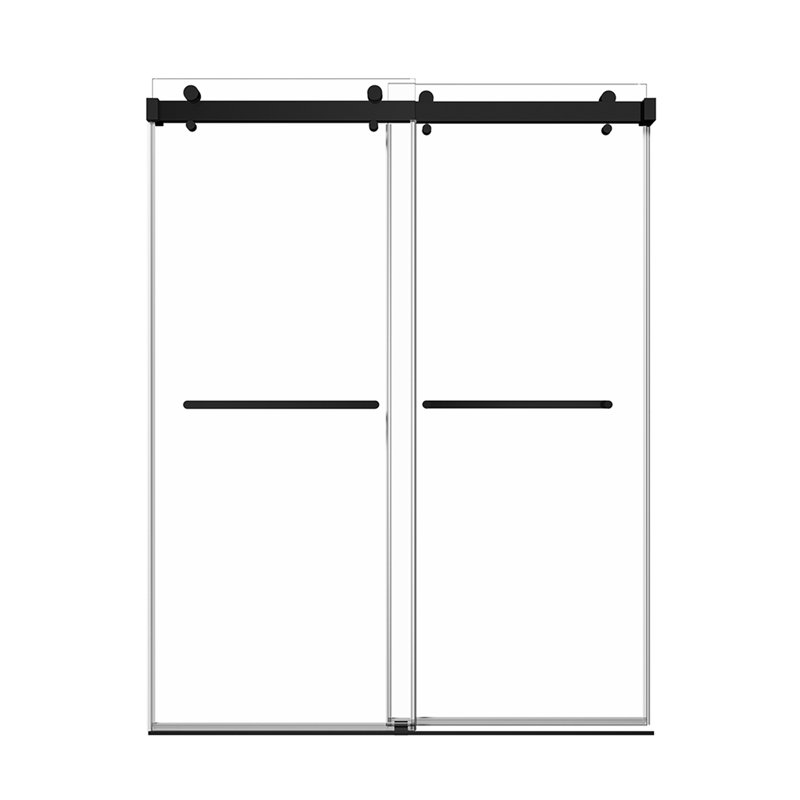 Porte de douche coulissante double de 56 po à 60 po en noir mat avec verre trempé de 3/8 po (10 mm), fiable H 76 po, finition transparente de 3/8 po