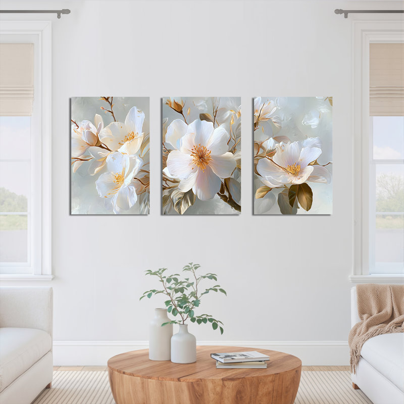 Élégant tableau mural en toile blanche à motifs floraux (lot de 3), H 18 po x l 36 po
