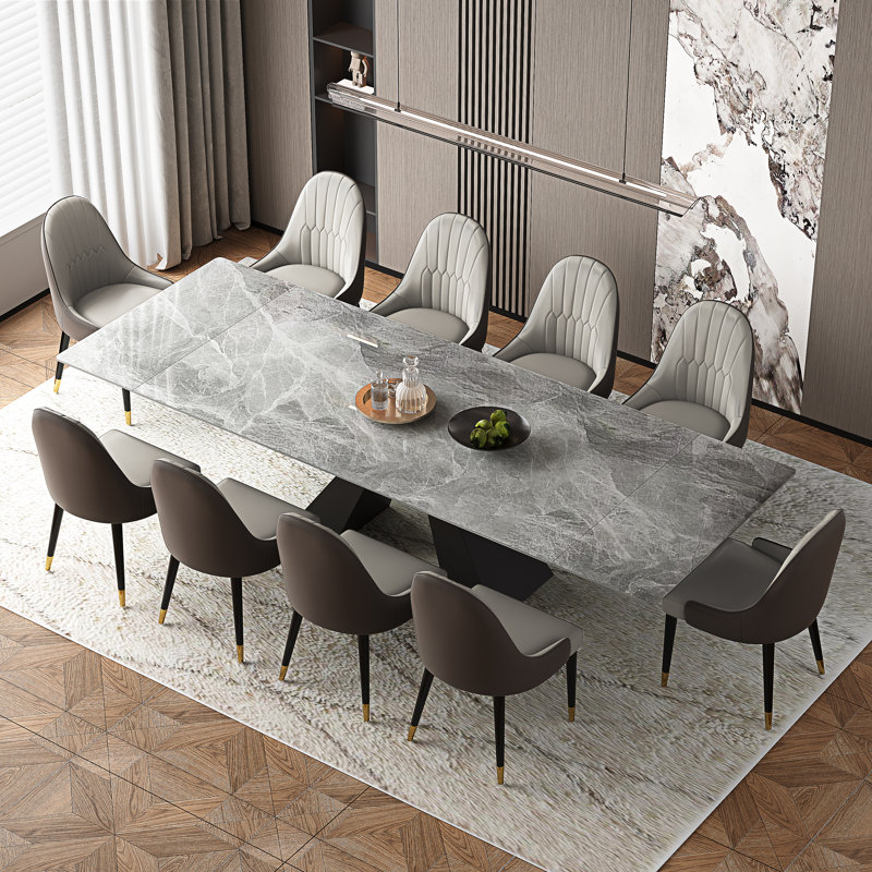 Ensemble de table de salle à manger avec table extensible en fritté de 94,5 po et 8 chaises en similicuir, Beige, Chanel