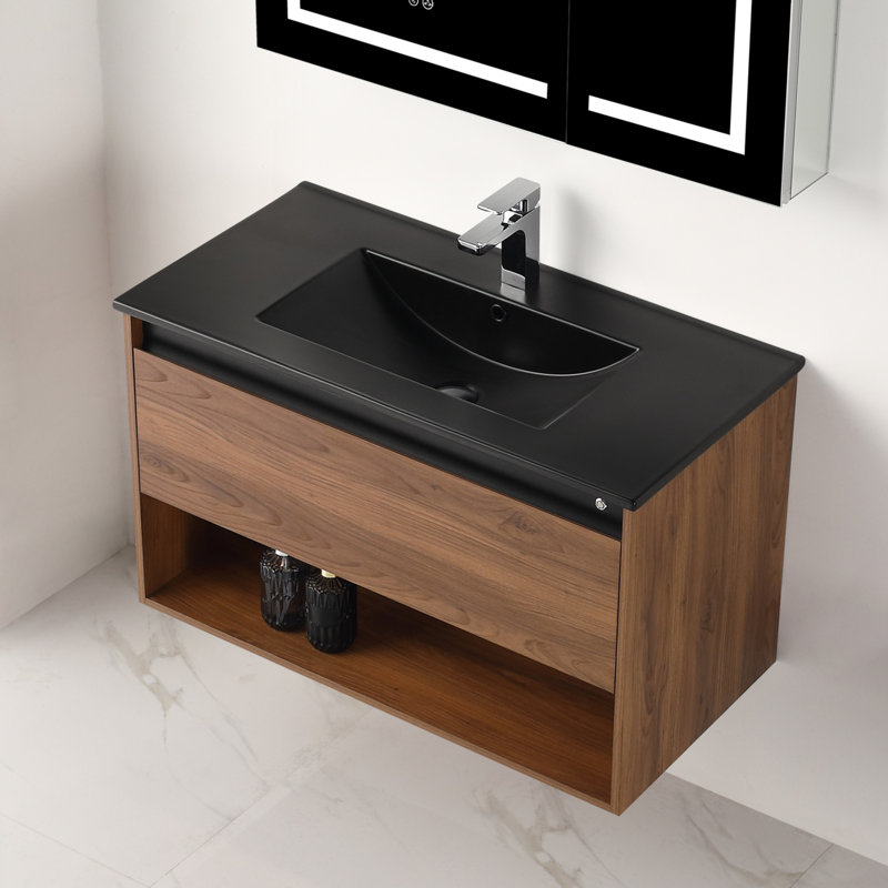 Ensemble de meuble-lavabo flottant avec lavabo mural 36 po Khaleia, Brun, Noir