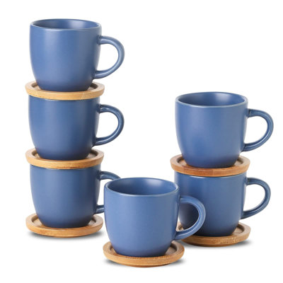 Espresso Cups And Saucers Set Of 6, 4 Oz Porcelain Demitasse Cups With Bamboo Saucers For Coffee, Latte, Cappuccino, Mocha And Tea, Dishwasher Safe Coffee Bar Mugs For Home And Entertaining