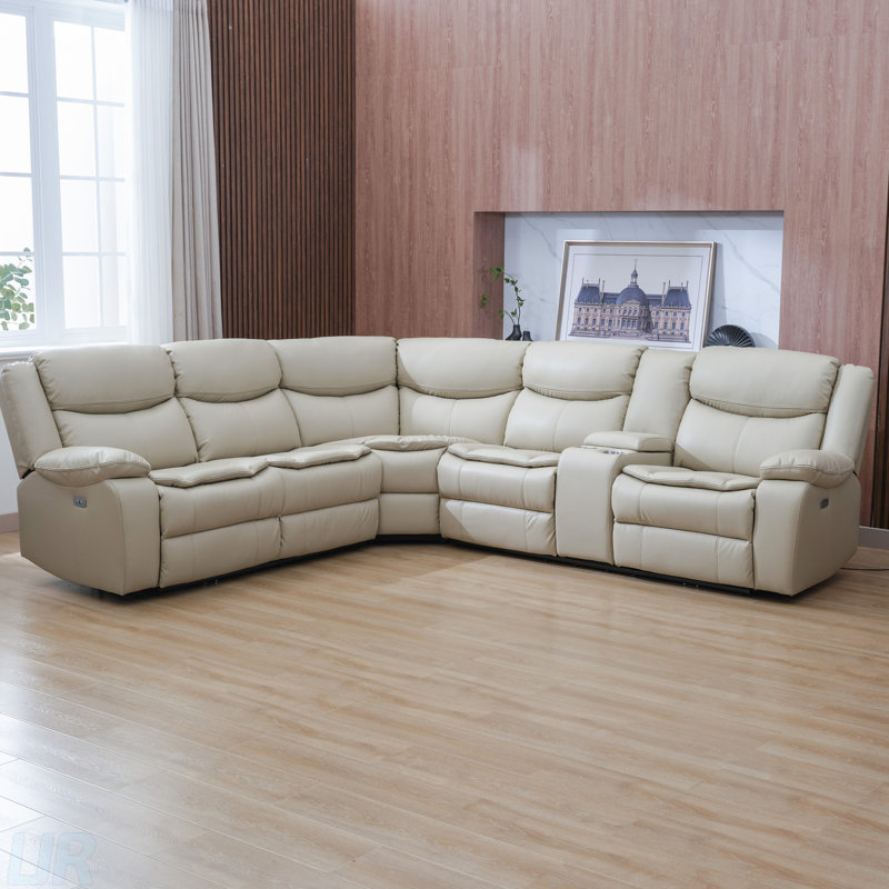 Ensemble de canapé modulaire inclinable électrique en forme de L en cuir avec port USB et fauteuil inclinable, Crème
