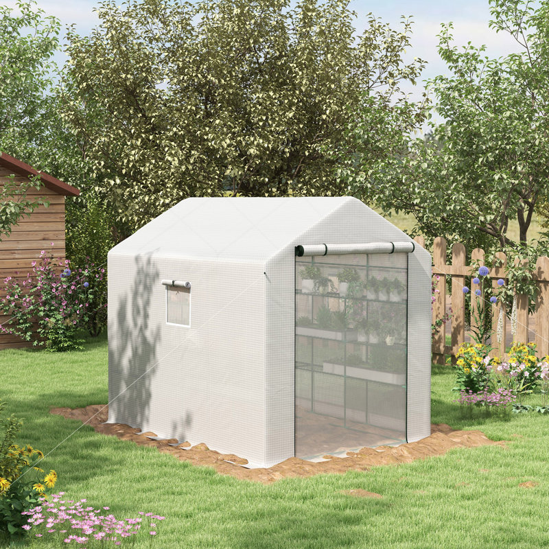 Outsunny Walk-In Greenhouse With Mesh Door And Windows, 18 Shelf Green House With Trellis, Plant Labels, UV Protective For Growing Flowers, Herbs, Vegetables, Saplings