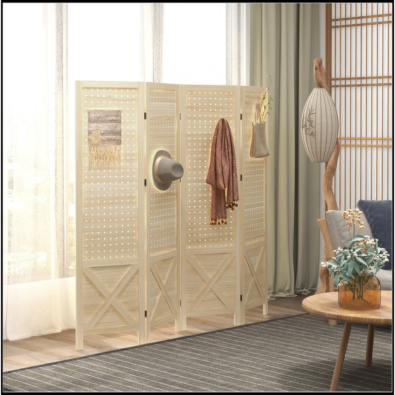 Paravent 4 panneaux perforés, écran d'intimité pliable portatif en bois de 4,7 pi de hauteur, cloison de séparation pour bureau personnel, naturel