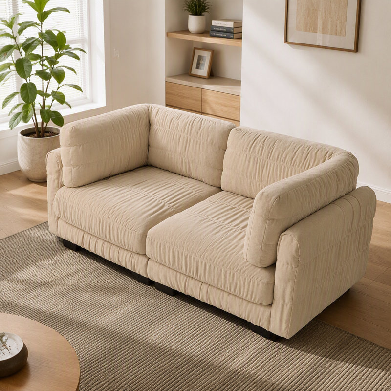 Canapé d'angle modulaire deux places en chenille à détails froncés, mousse haute densité, coussins de dossier épais en forme de L, montage facile, pour salon, chambre, couleur camel