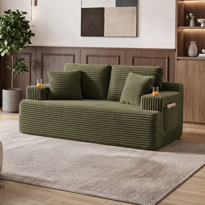 Eyisean 66" Boneless Loveseat Sofa, Corduroy Upholstered Compression Couch with Cup Holders & Side Pockets, Throw Pillow, 2 Seater Cloud Floor Couch for Living Room, Apartment, Small Space, No Assembly Required