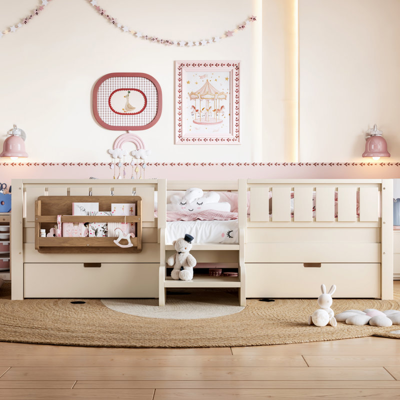 Grand avec tablettes et tiroirs de rangement intégrés, conception d'escalier de sécurité et rails de sécurité de haute qualité, beige
