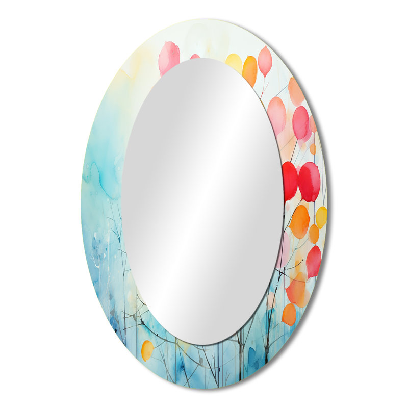 Arbre de printemps coloré rose et bleu - grand miroir mural ovale sur métal, 36 po x 24 po