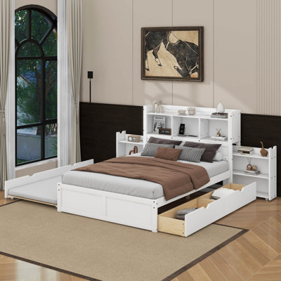 Lit plateforme pleine grandeur avec tablettes coulissantes, lit gigogne simple et 2 tiroirs