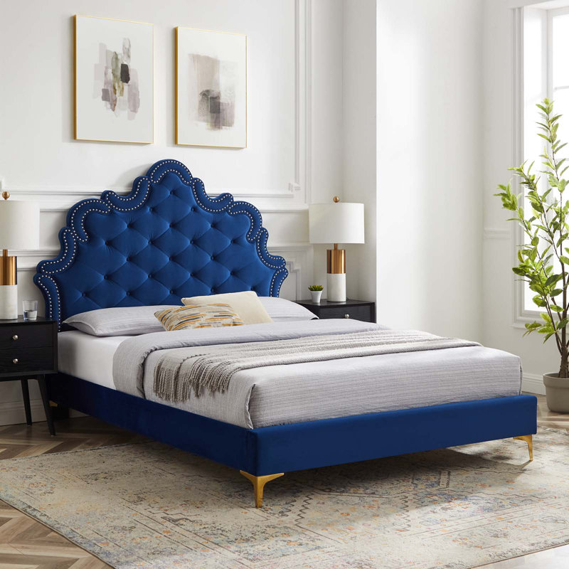 Modway Sasha Button-Tufted Performance Velvet Bed, Twin, Navy