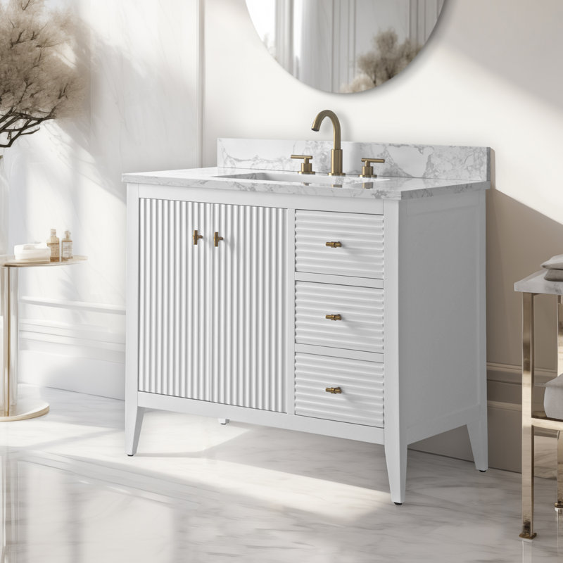 Laval 36" Single Sink Freestanding Bathroom Vanity with Engineered Marble Top, Golden Brushed, Linear White