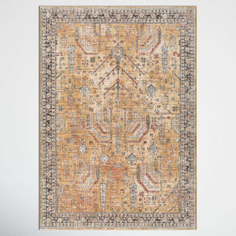Everly Oriental Machine Made Power Loomed Polyester Area Rug in Gold, Rectangle 8'10" x 12'6"