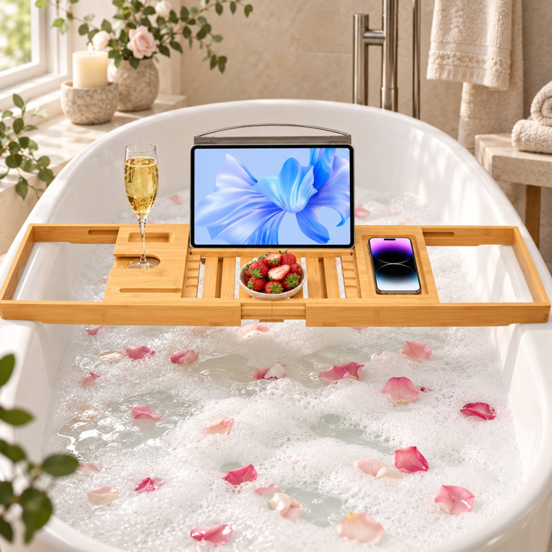 Style 01 Plateau de baignoire extensible en bambou, organisateur de baignoire réglable avec support pour tablette, emplacement pour verre à vin et support pour téléphone pour une détente spa à domicile