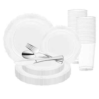 Ensemble de 30 pièces en plastique jetable transparent avec bordure argentée de style vintage, idéal pour un mariage.