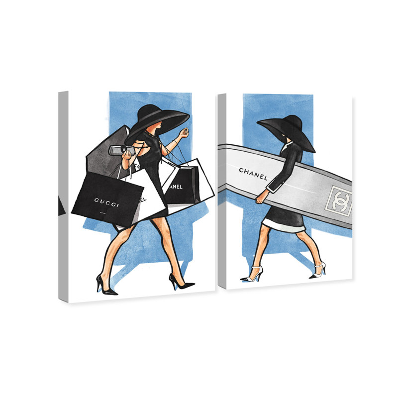 «Fashion Girl Walk Set, Surfboard and Shop Sacs Modern Blue», impression sur toile, H 45 po x l 60 po x P 1,5 po