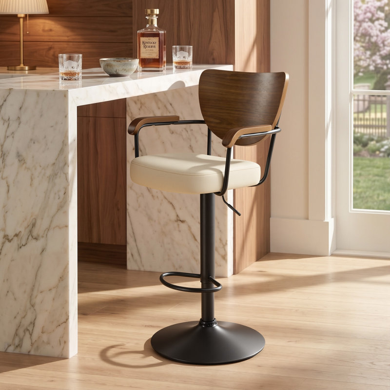 Tabouret de bar Kissena pivotant à 360°, tabouret de comptoir rembourré à hauteur réglable avec dossier en bois, Cream